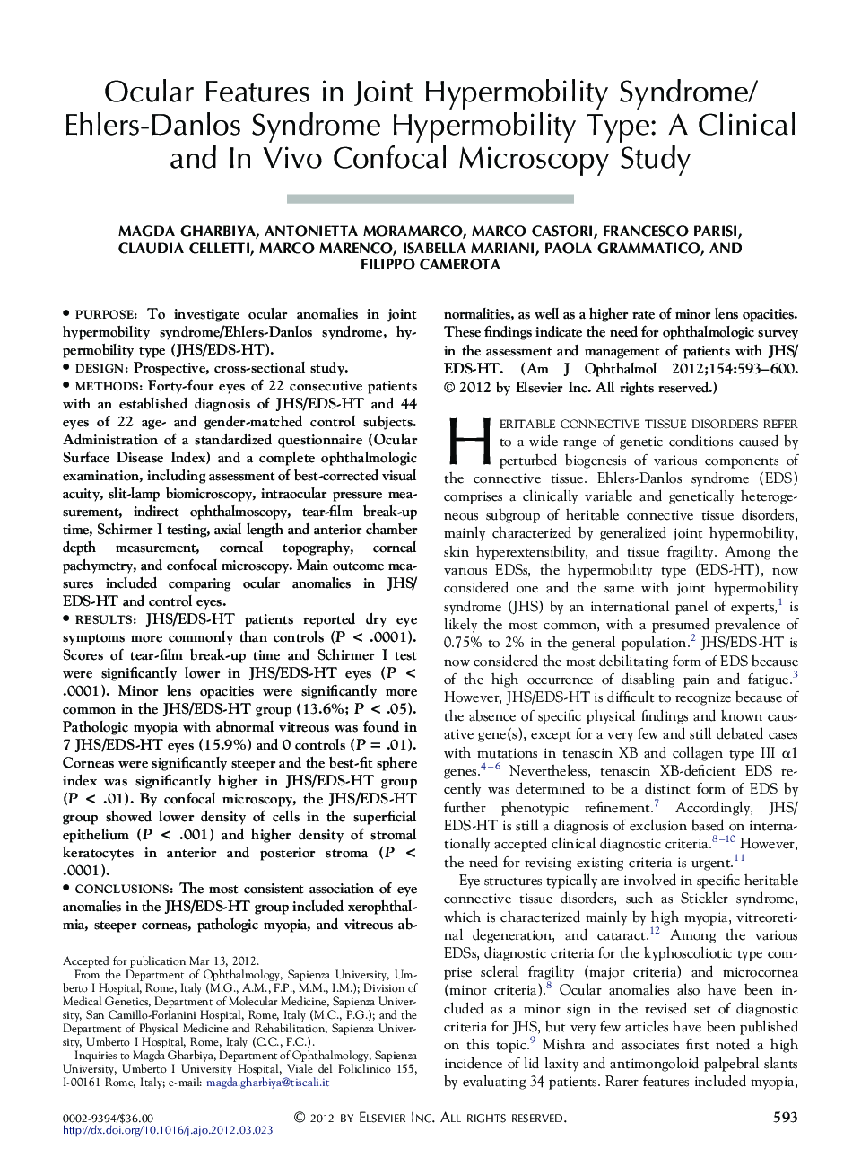 Ocular Features in Joint Hypermobility Syndrome/Ehlers-Danlos Syndrome Hypermobility Type: A Clinical and In Vivo Confocal Microscopy Study