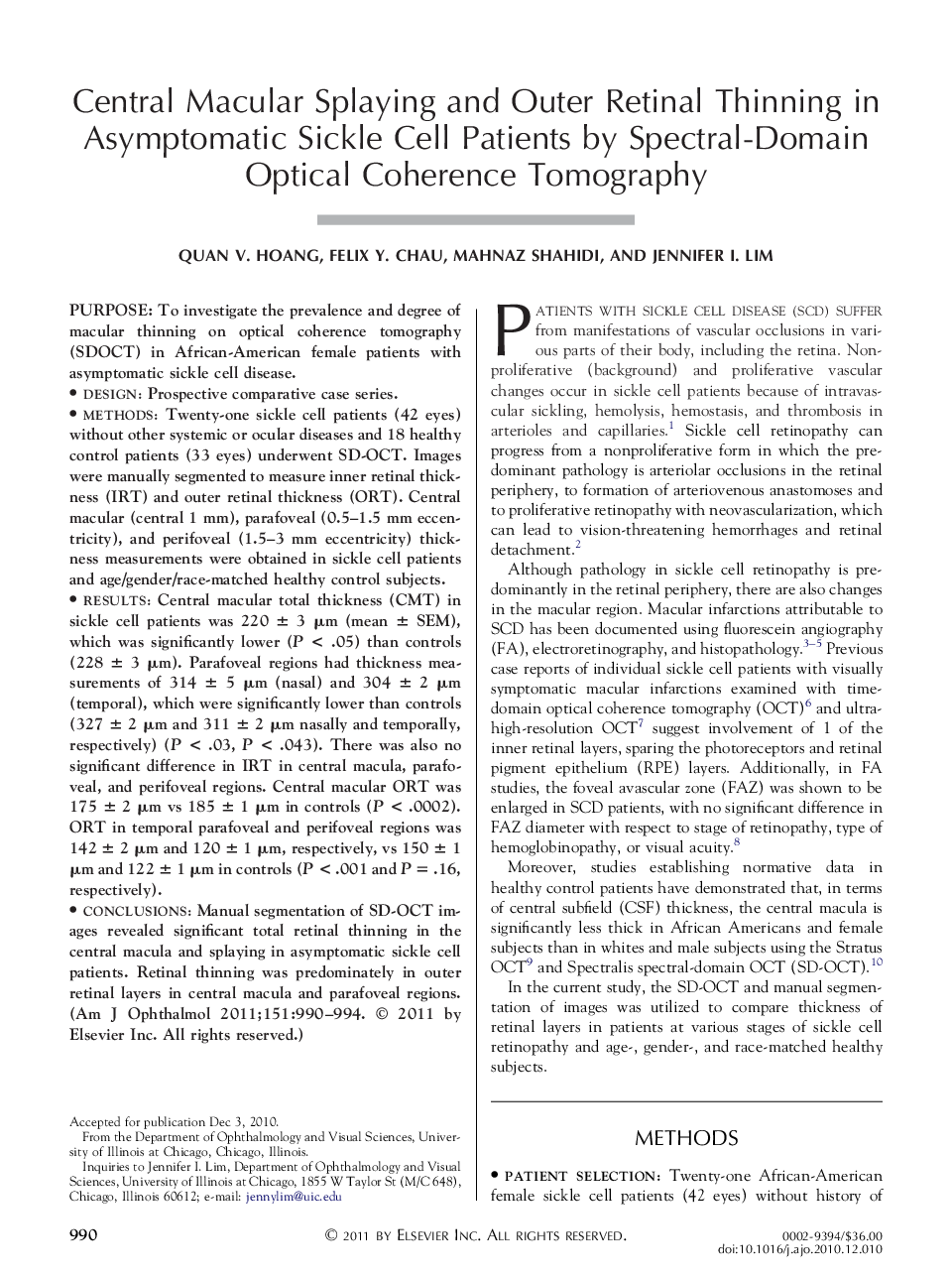 Central Macular Splaying and Outer Retinal Thinning in Asymptomatic Sickle Cell Patients by Spectral-Domain Optical Coherence Tomography