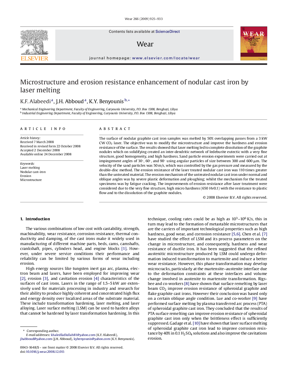 Microstructure and erosion resistance enhancement of nodular cast iron by laser melting