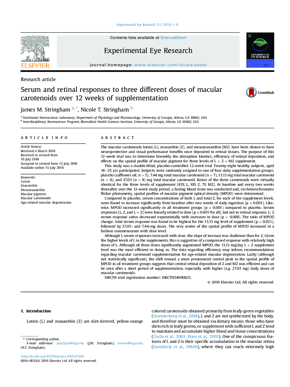 Serum and retinal responses to three different doses of macular carotenoids over 12 weeks of supplementation