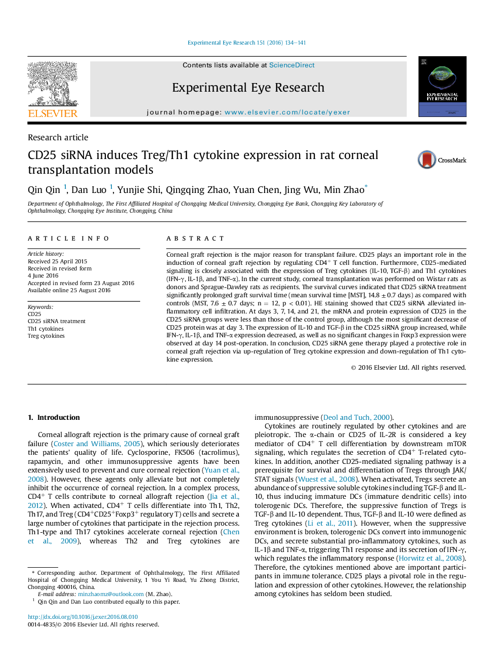 CD25 siRNA induces Treg/Th1 cytokine expression in rat corneal transplantation models