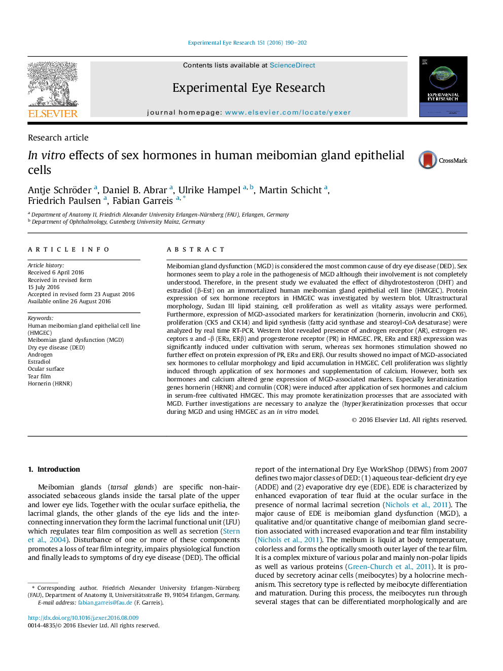 InÂ vitro effects of sex hormones in human meibomian gland epithelial cells