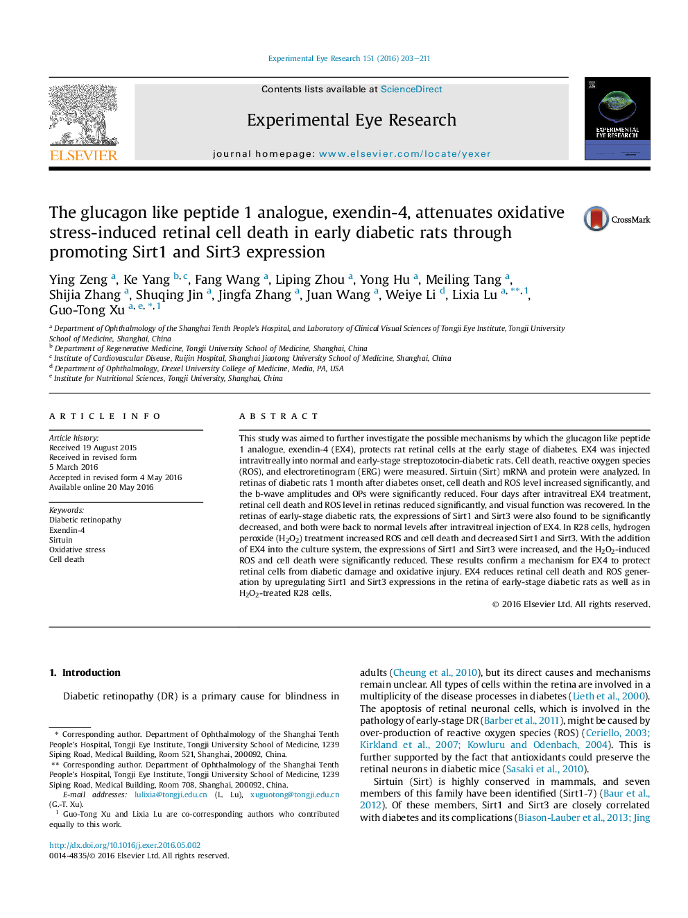 The glucagon like peptide 1 analogue, exendin-4, attenuates oxidative stress-induced retinal cell death in early diabetic rats through promoting Sirt1 and Sirt3 expression