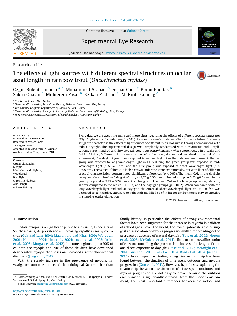 The effects of light sources with different spectral structures on ocular axial length in rainbow trout (Oncorhynchus mykiss)