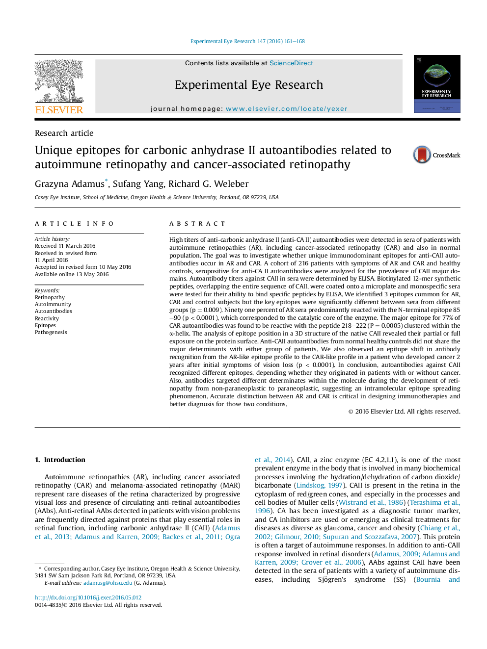 Unique epitopes for carbonic anhydrase II autoantibodies related to autoimmune retinopathy and cancer-associated retinopathy