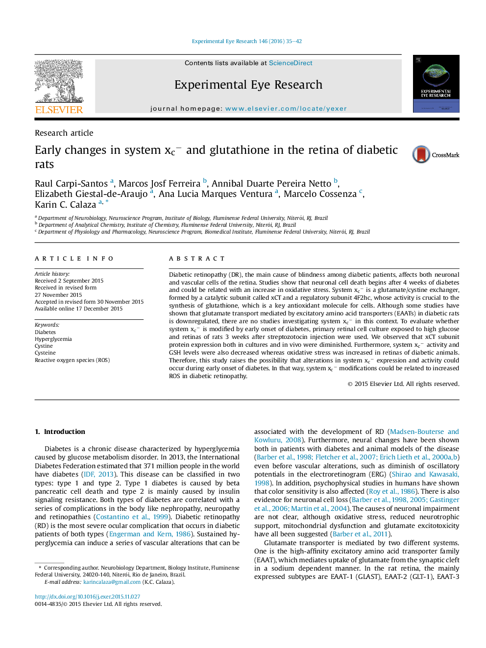 Early changes in system xcâ and glutathione in the retina of diabetic rats