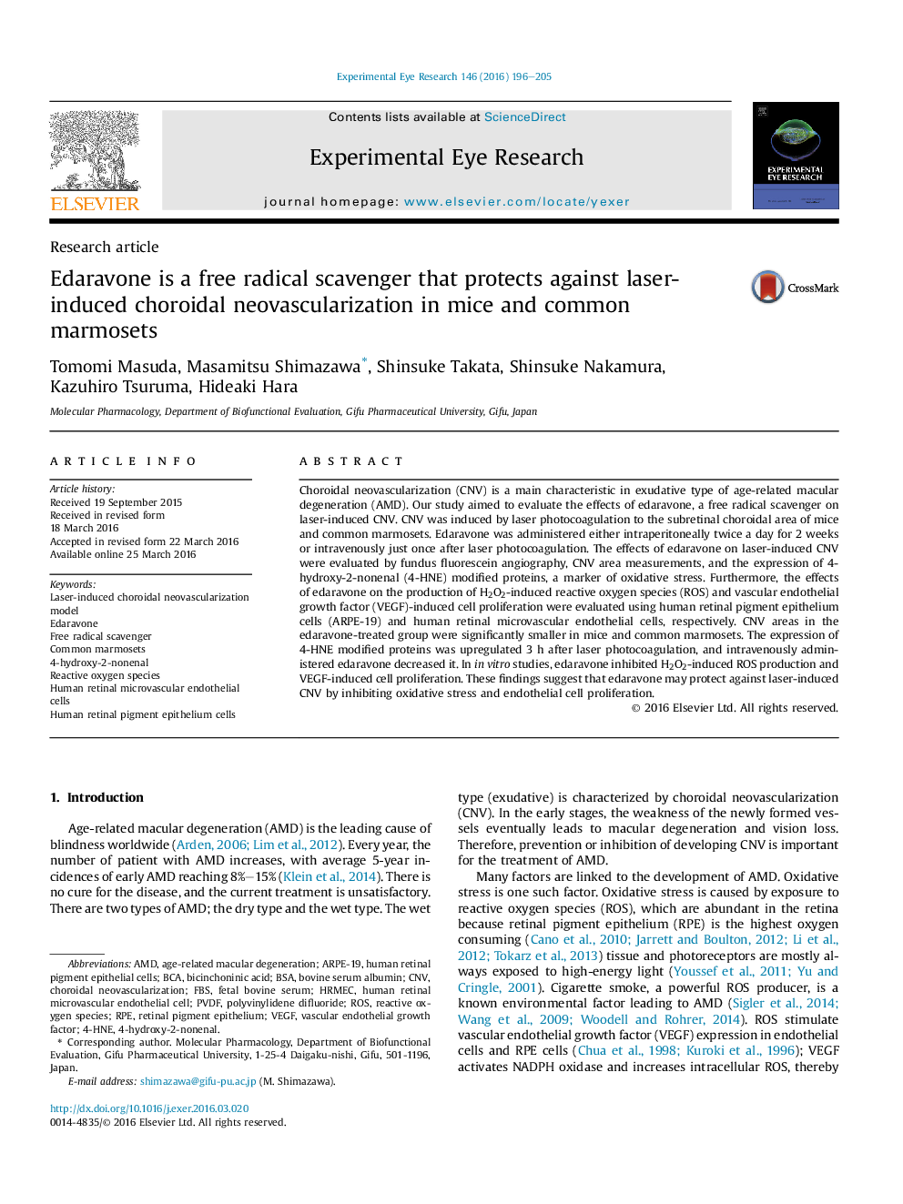 Edaravone is a free radical scavenger that protects against laser-induced choroidal neovascularization in mice and common marmosets