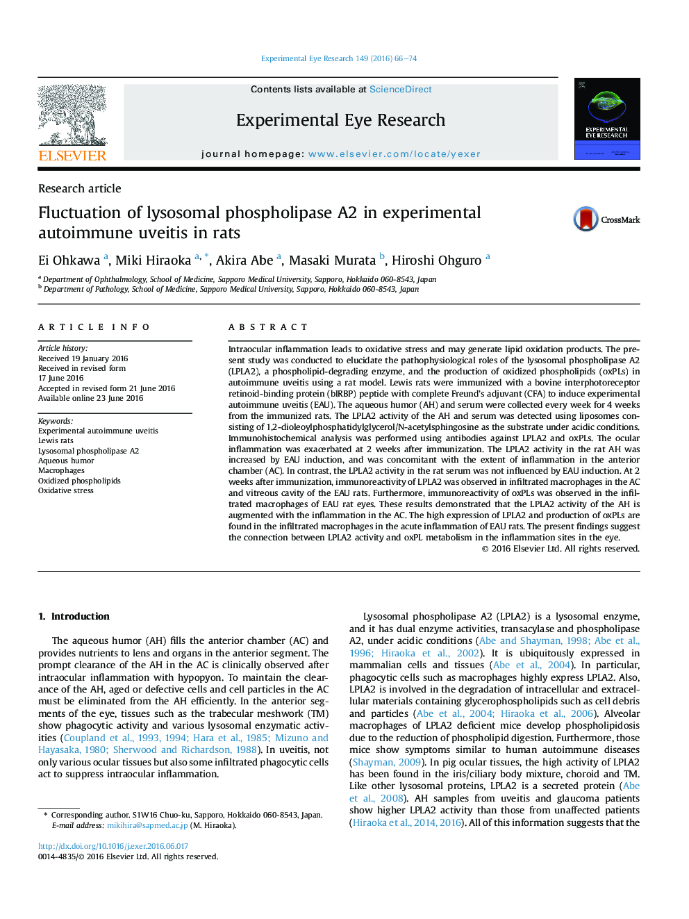 Fluctuation of lysosomal phospholipase A2 in experimental autoimmune uveitis in rats