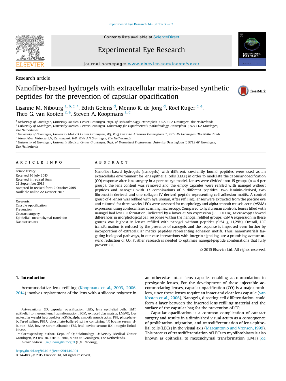 Nanofiber-based hydrogels with extracellular matrix-based synthetic peptides for the prevention of capsular opacification