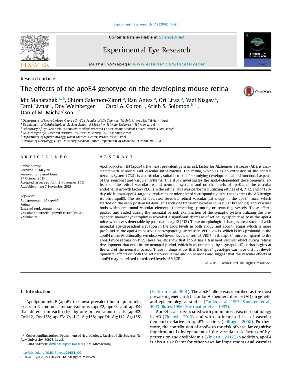 The effects of the apoE4 genotype on the developing mouse retina