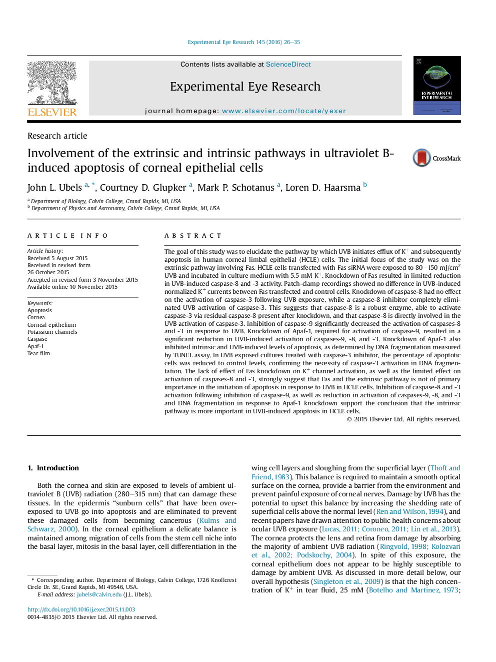 Involvement of the extrinsic and intrinsic pathways in ultraviolet B-induced apoptosis of corneal epithelial cells