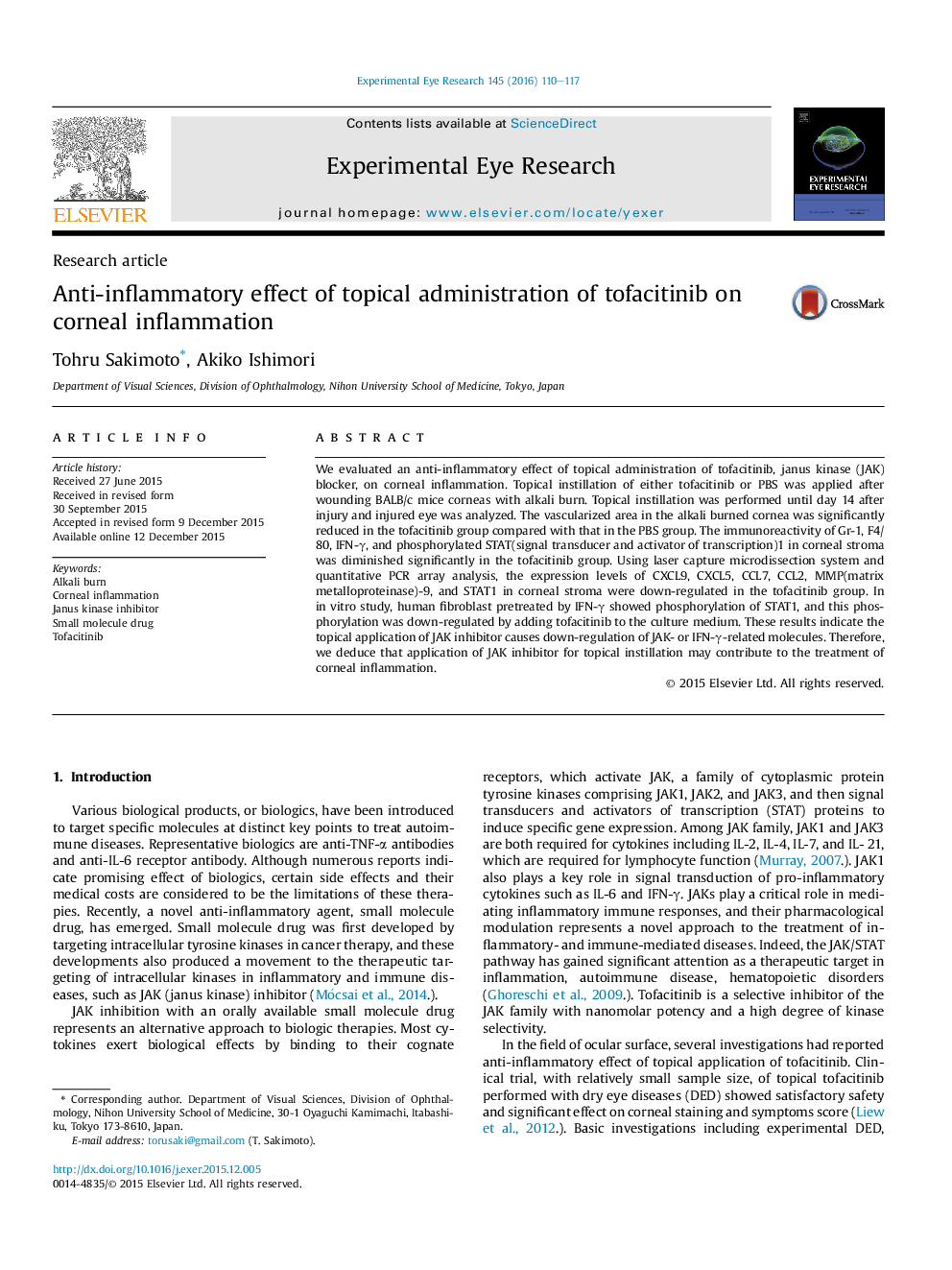 Anti-inflammatory effect of topical administration of tofacitinib on corneal inflammation