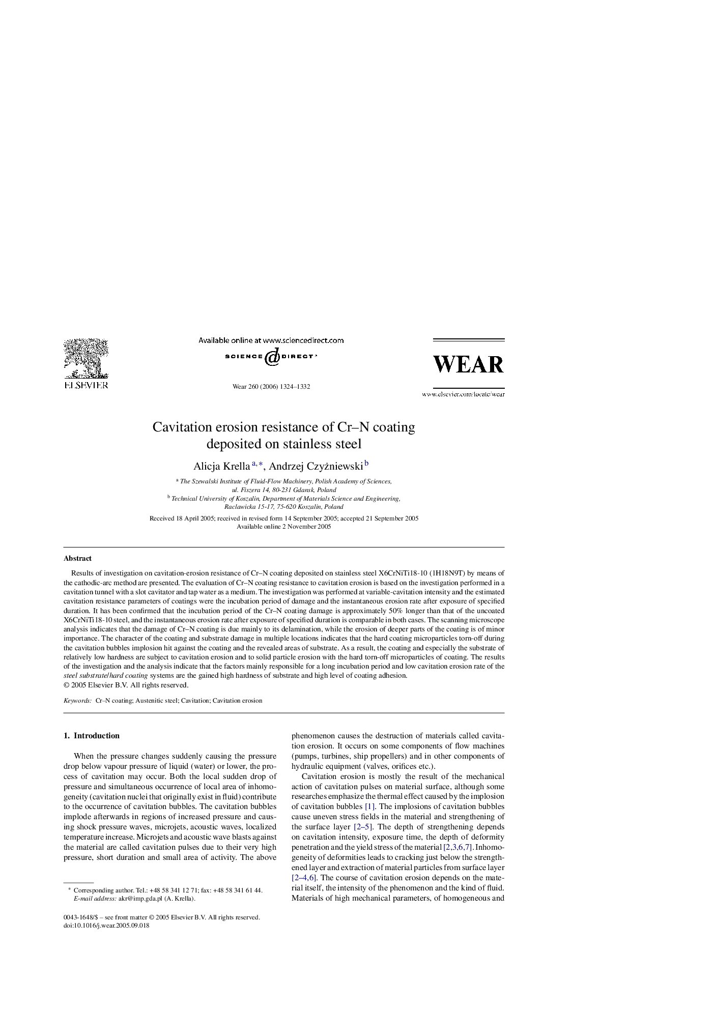 Cavitation erosion resistance of Cr–N coating deposited on stainless steel