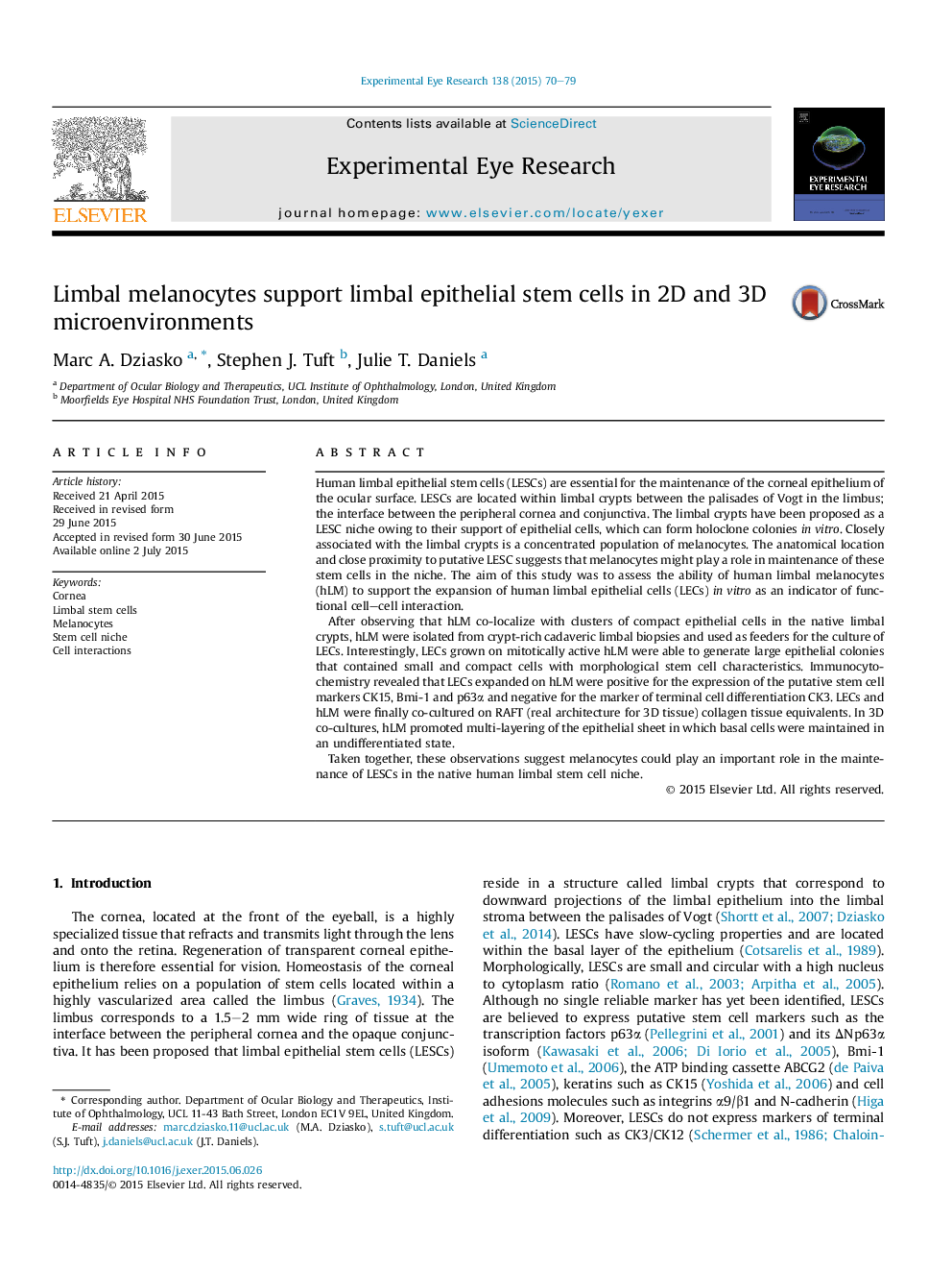 Limbal melanocytes support limbal epithelial stem cells in 2D and 3D microenvironments