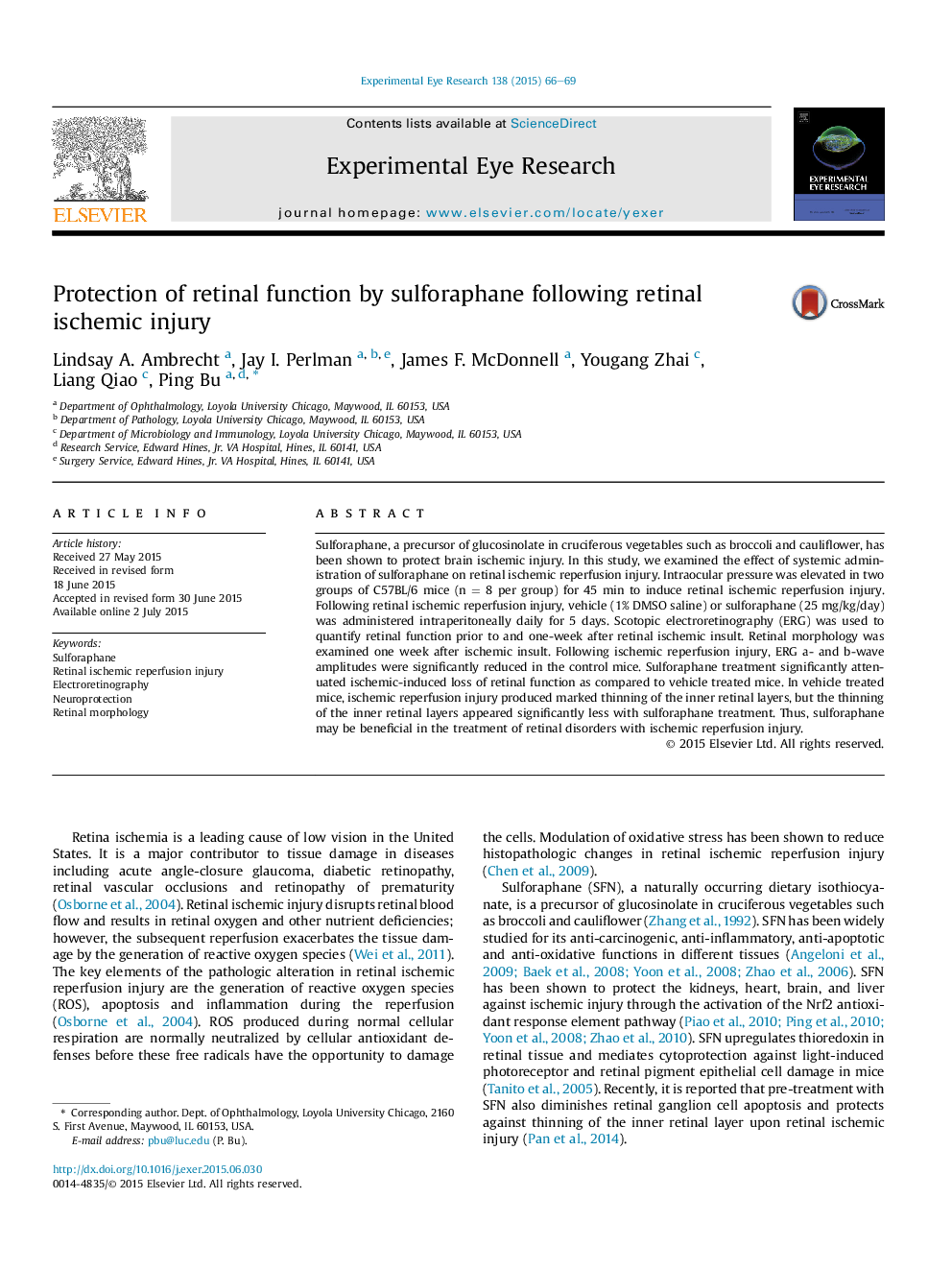 Protection of retinal function by sulforaphane following retinal ischemic injury