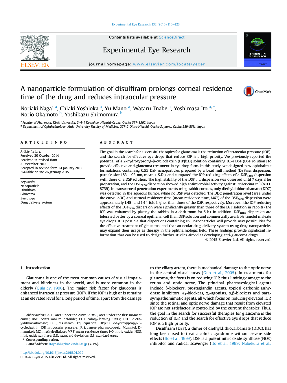A nanoparticle formulation of disulfiram prolongs corneal residence time of the drug and reduces intraocular pressure