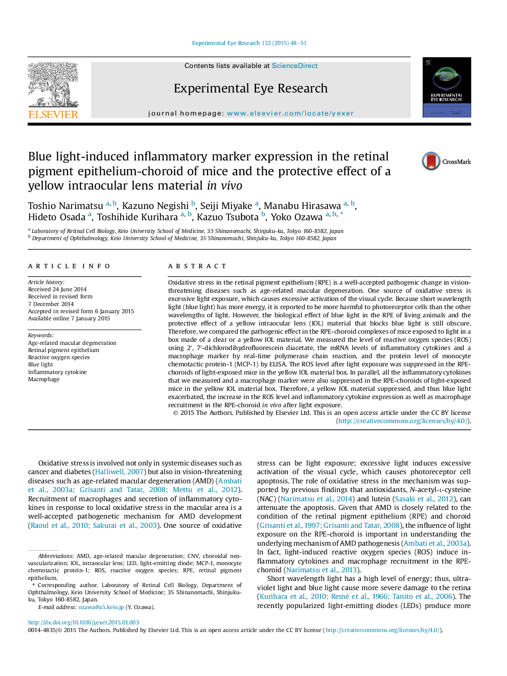 Blue light-induced inflammatory marker expression in the retinal pigment epithelium-choroid of mice and the protective effect of a yellow intraocular lens material inÂ vivo