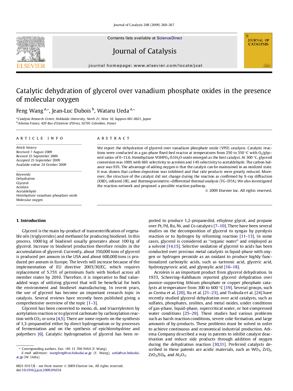 Catalytic dehydration of glycerol over vanadium phosphate oxides in the presence of molecular oxygen