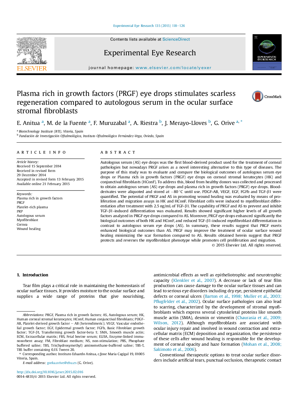 Plasma rich in growth factors (PRGF) eye drops stimulates scarless regeneration compared to autologous serum in the ocular surface stromal fibroblasts