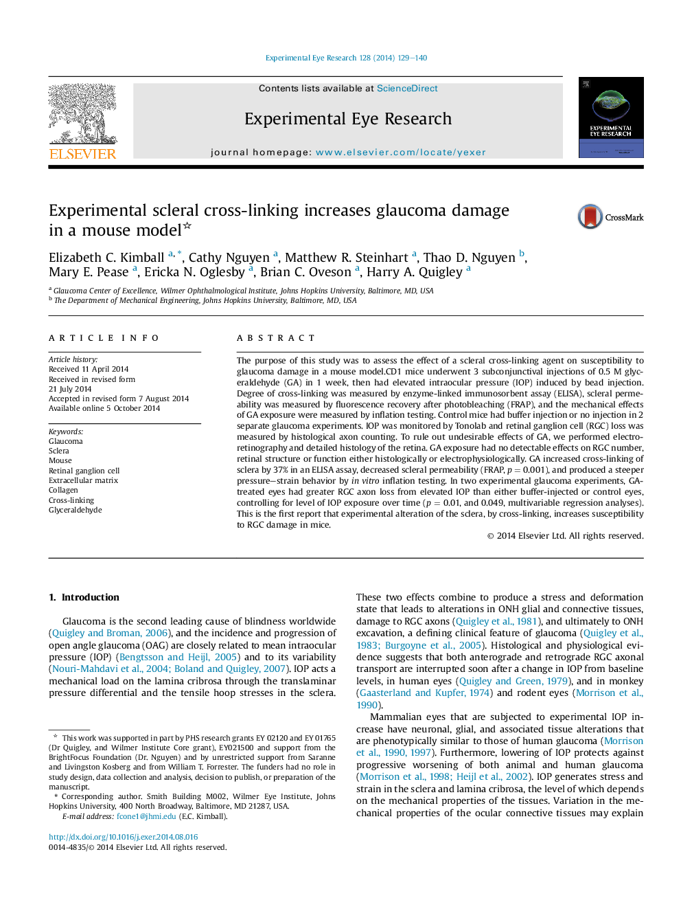 Experimental scleral cross-linking increases glaucoma damage in a mouse model