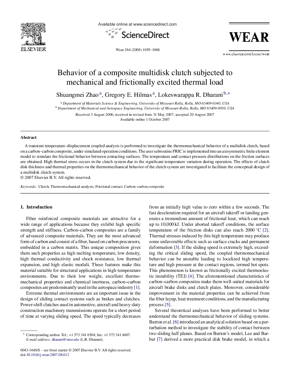 Behavior of a composite multidisk clutch subjected to mechanical and frictionally excited thermal load