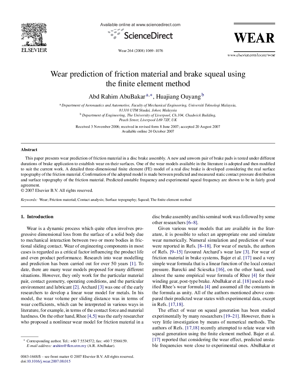 Wear prediction of friction material and brake squeal using the finite element method