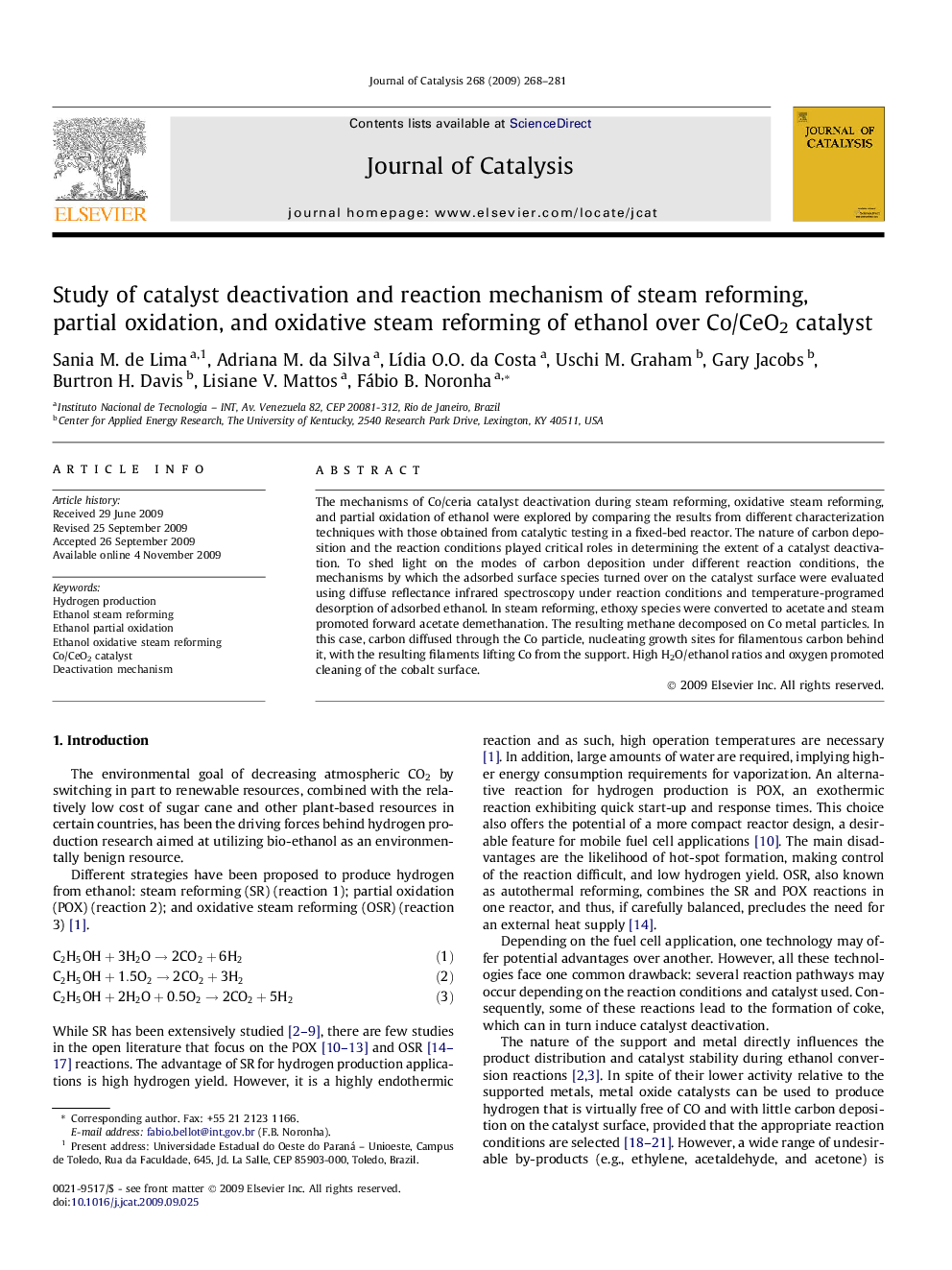 عکس صفحه اول مقاله: Study of catalyst deactivation and reaction mechanism of steam reforming, partial oxidation, and oxidative steam reforming of ethanol over Co/CeO2 catalyst Study of catalyst deactivation and reaction mechanism of steam reforming, partial oxidation, and oxidative steam reforming of ethanol over Co/CeO2 catalyst