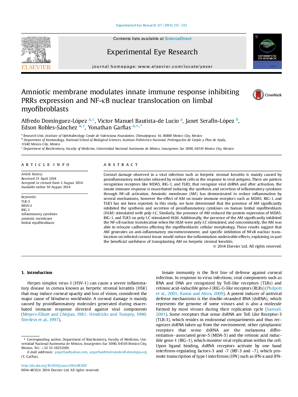 Amniotic membrane modulates innate immune response inhibiting PRRs expression and NF-ÎºB nuclear translocation on limbal myofibroblasts