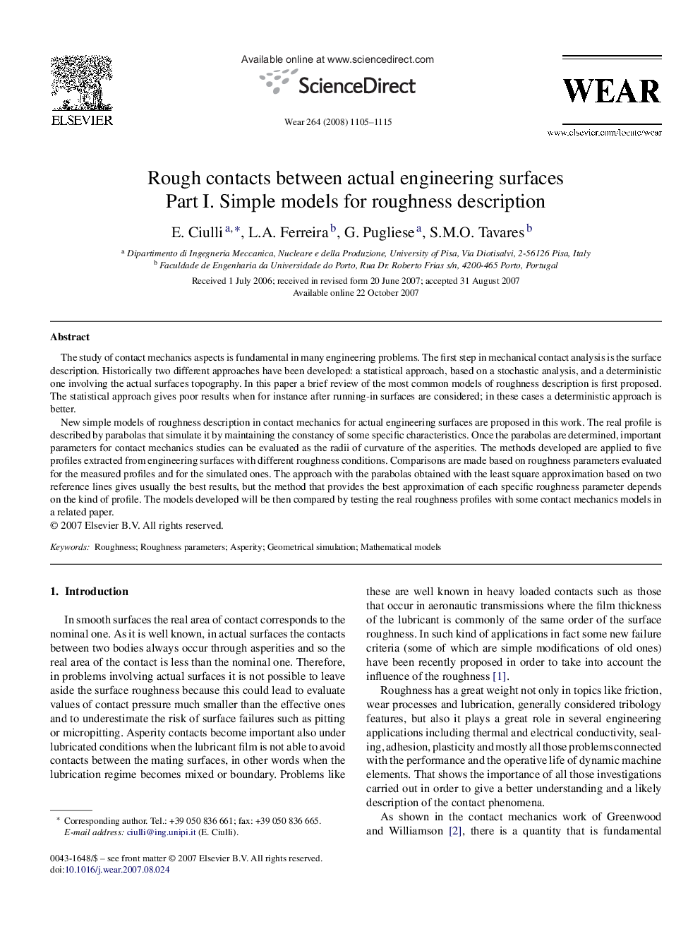 Rough contacts between actual engineering surfaces