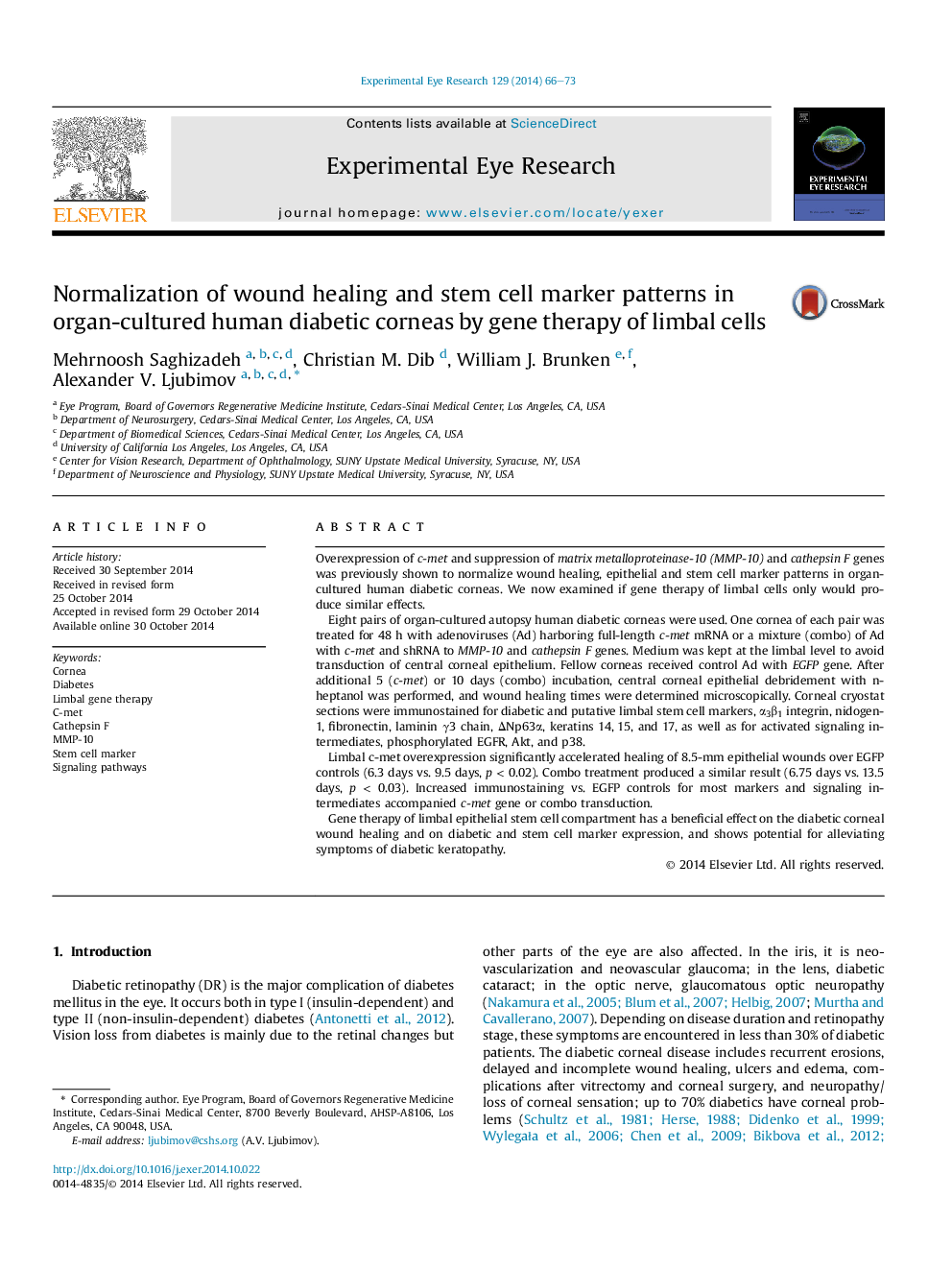 عادی سازی التیام زخم ها و الگوهای نشانگر سلول های بنیادی در قرنیه های دیابتی بدن انسان به وسیله ژن درمان سلول های لنفاوی 