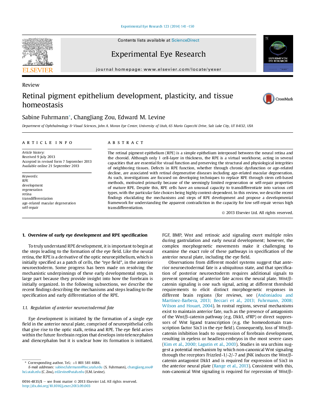 Retinal pigment epithelium development, plasticity, and tissue homeostasis