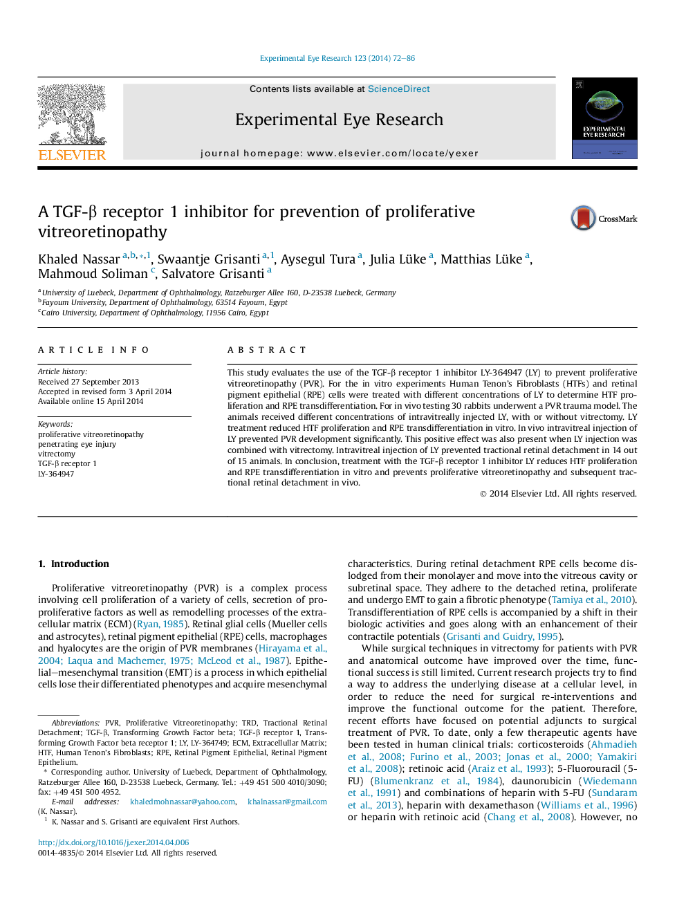 A TGF-Î² receptor 1 inhibitor for prevention of proliferative vitreoretinopathy