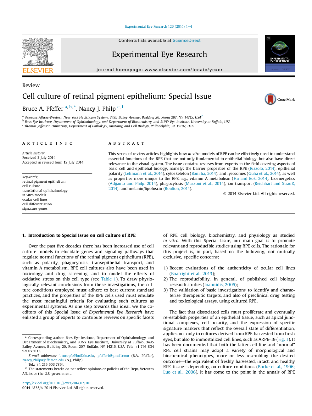 Cell culture of retinal pigment epithelium: Special Issue