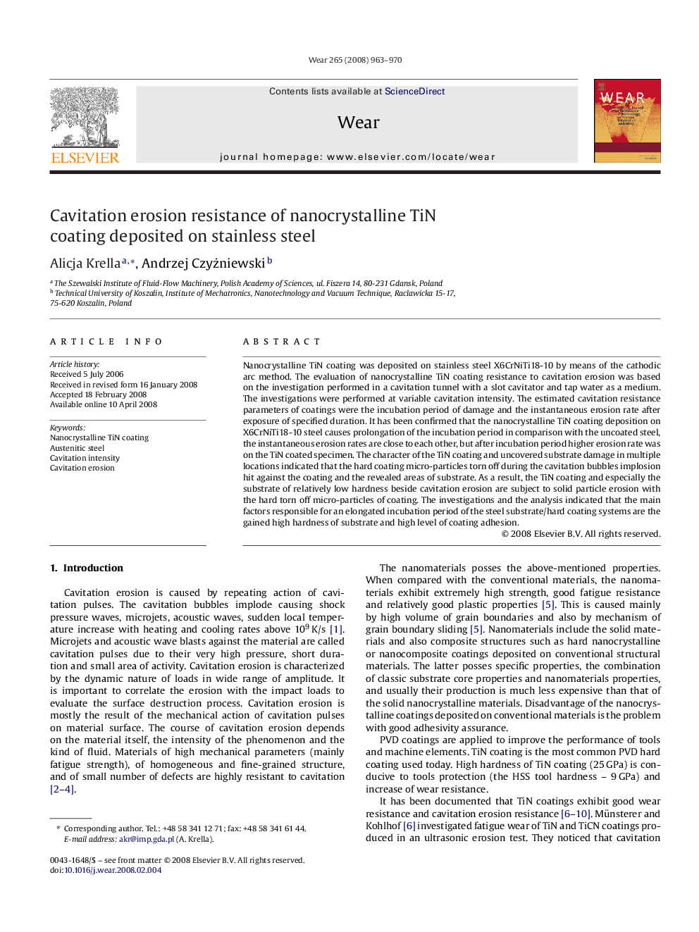 Cavitation erosion resistance of nanocrystalline TiN coating deposited on stainless steel