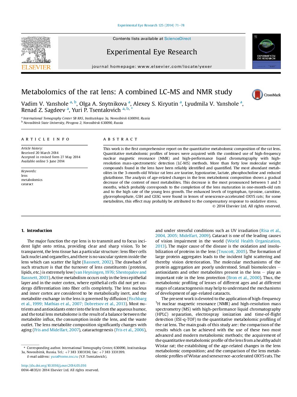 Metabolomics of the rat lens: A combined LC-MS and NMR study