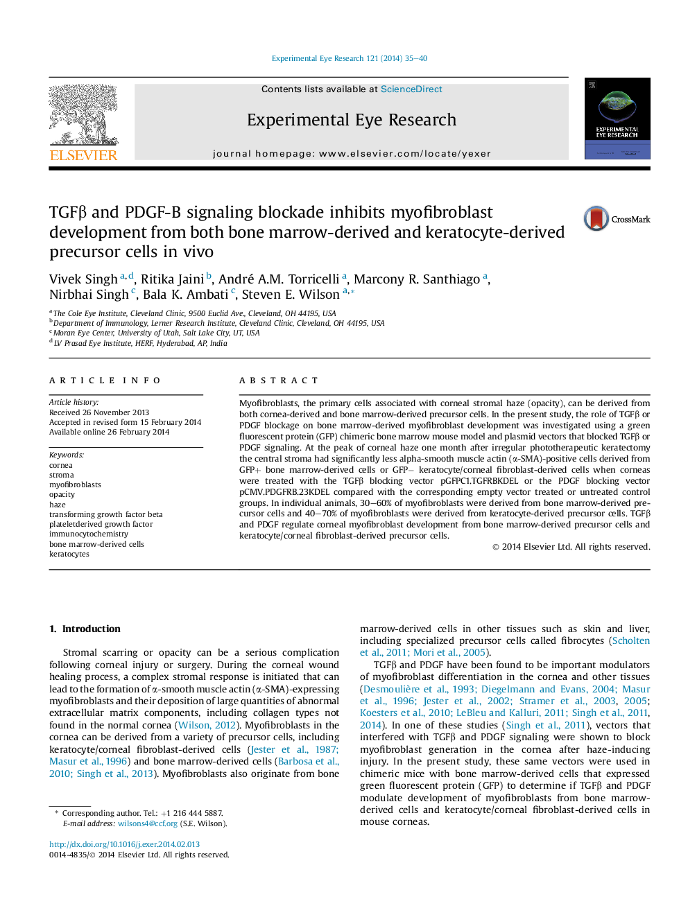 عکس صفحه اول مقاله: TGFβ and PDGF-B signaling blockade inhibits myofibroblast development from both bone marrow-derived and keratocyte-derived precursor cells in vivo TGFβ and PDGF-B signaling blockade inhibits myofibroblast development from both bone marrow-derived and keratocyte-derived precursor cells in vivo
