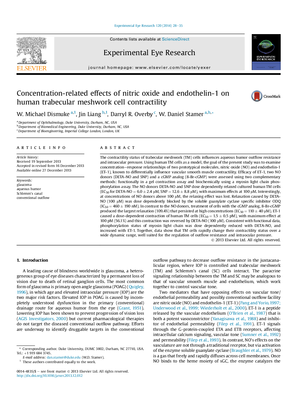 Concentration-related effects of nitric oxide and endothelin-1 on human trabecular meshwork cell contractility