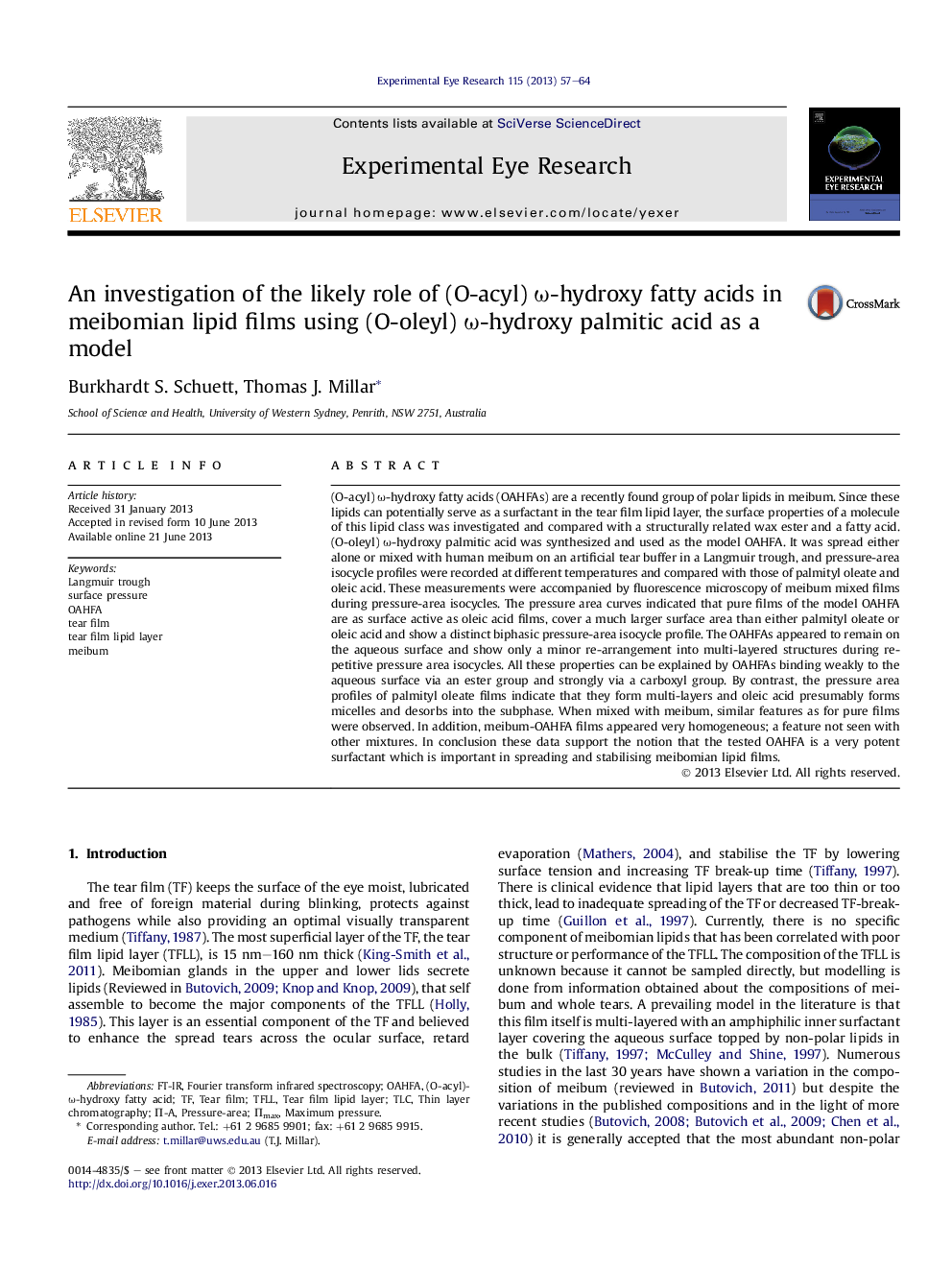 An investigation of the likely role of (O-acyl) Ï-hydroxy fatty acids in meibomian lipid films using (O-oleyl) Ï-hydroxy palmitic acid as a model