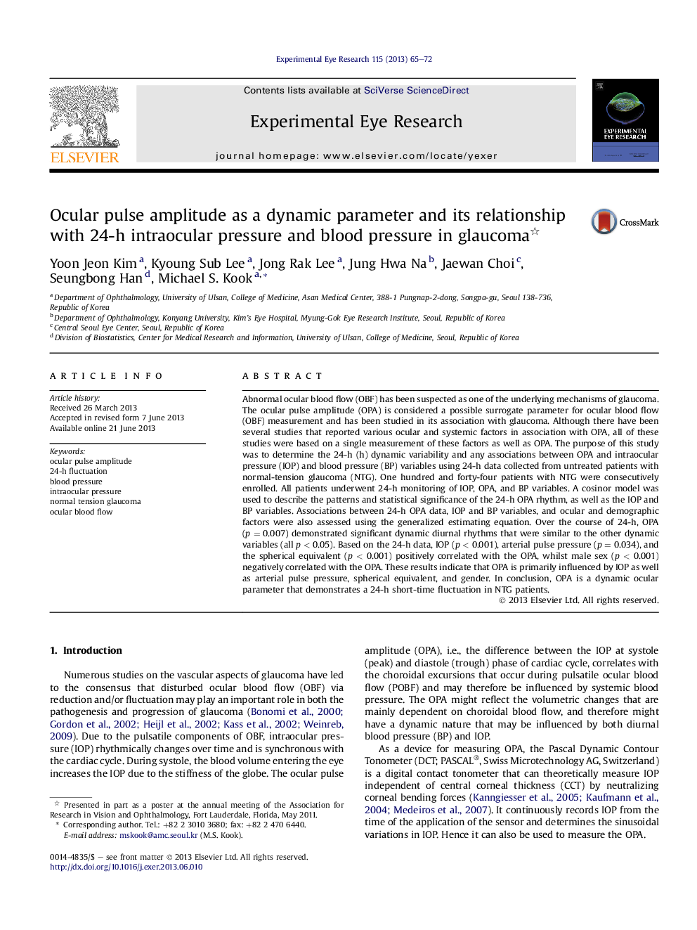 Ocular pulse amplitude as a dynamic parameter and its relationship with 24-hÂ intraocular pressure and blood pressure in glaucoma