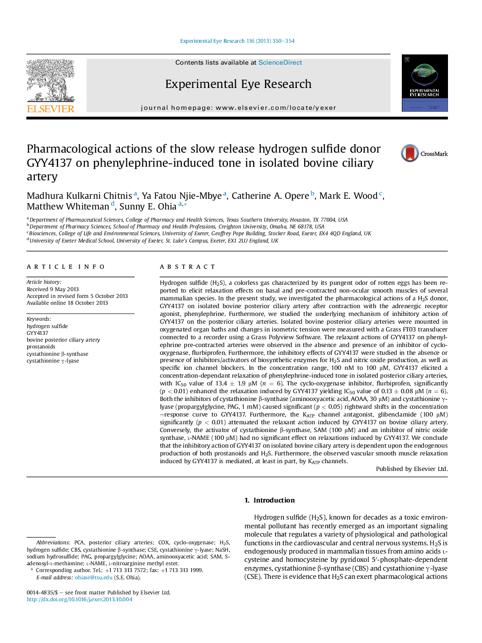 Pharmacological actions of the slow release hydrogen sulfide donor GYY4137 on phenylephrine-induced tone in isolated bovine ciliary artery