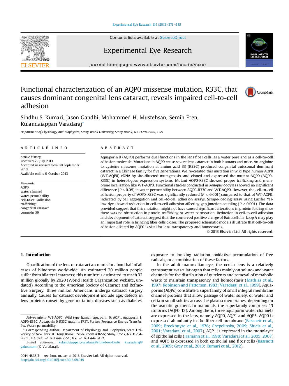 Functional characterization of an AQP0 missense mutation, R33C, that causes dominant congenital lens cataract, reveals impaired cell-to-cell adhesion
