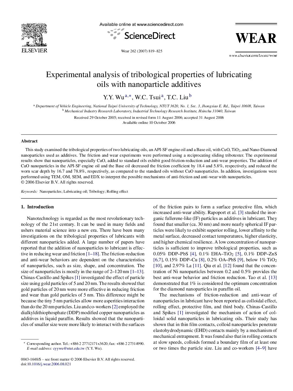 Experimental analysis of tribological properties of lubricating oils with nanoparticle additives