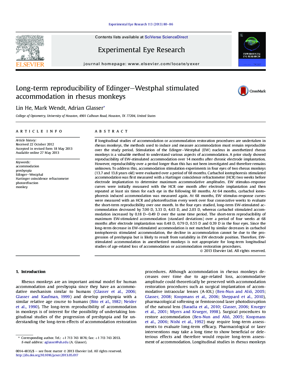 Long-term reproducibility of Edinger-Westphal stimulated accommodation in rhesus monkeys