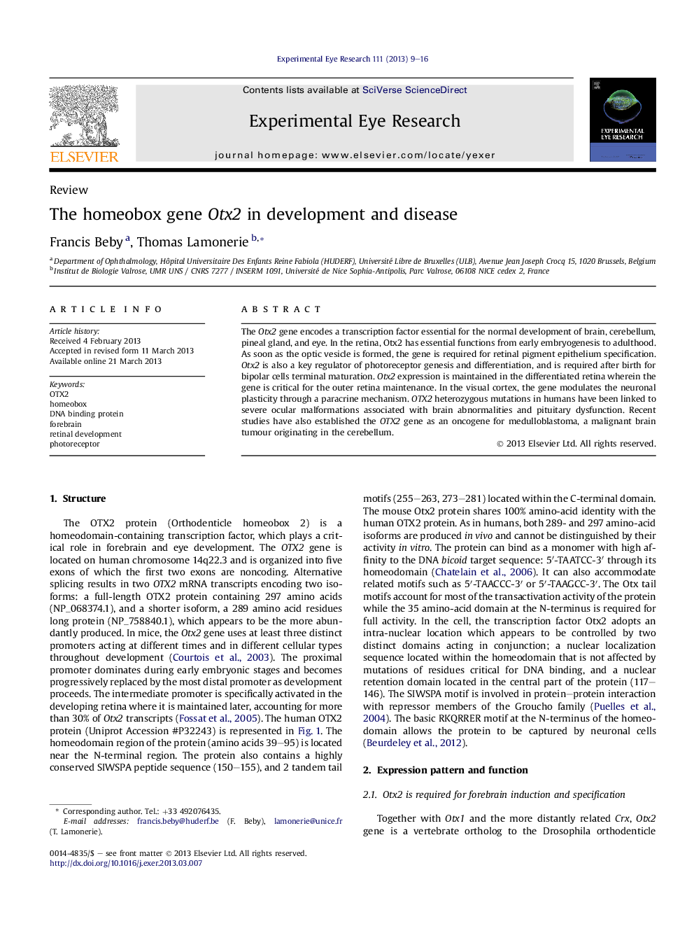 The homeobox gene Otx2 in development and disease