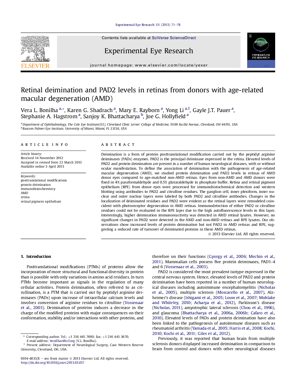 Retinal deimination and PAD2 levels in retinas from donors with age-related macular degeneration (AMD)