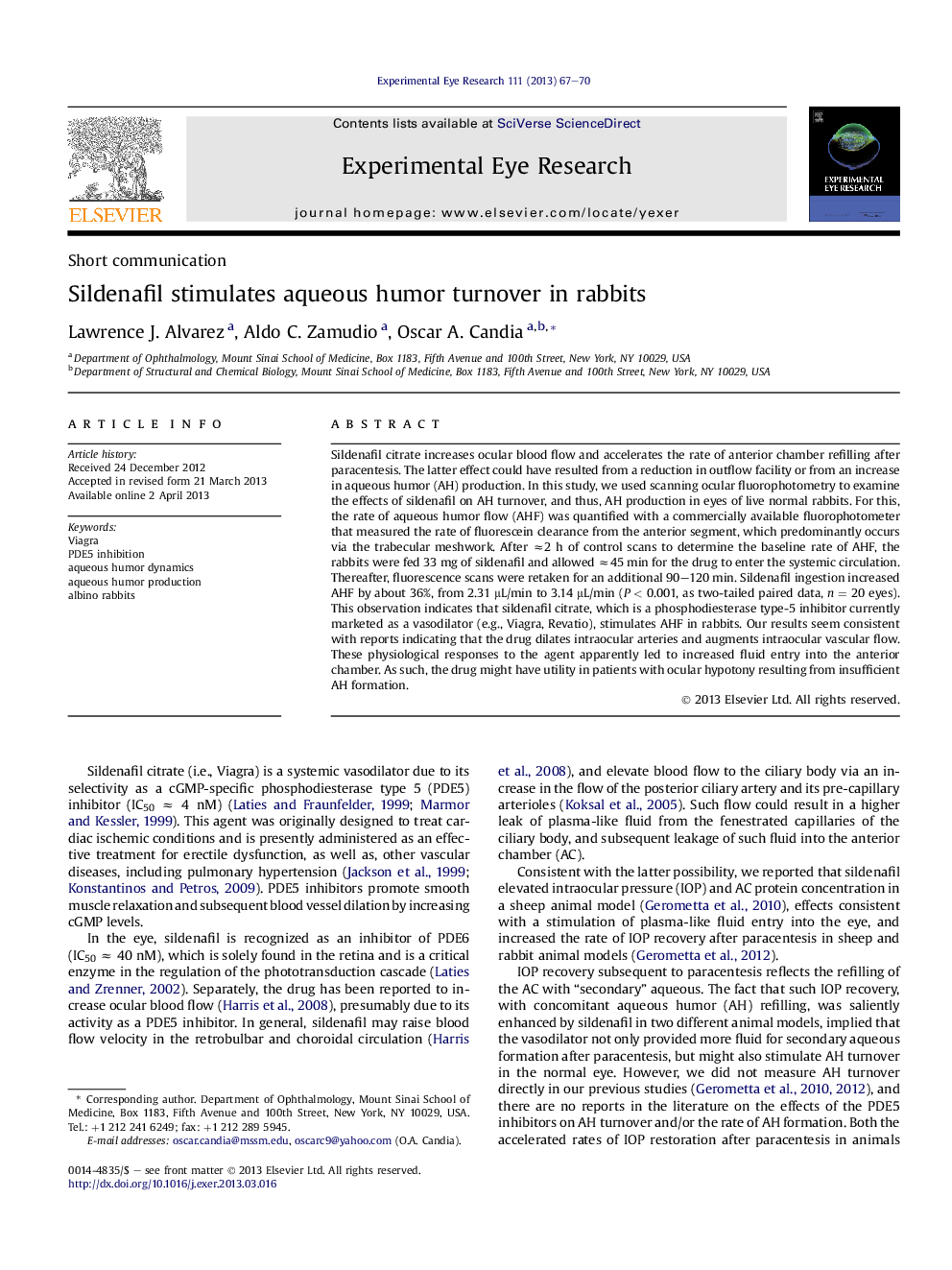 Sildenafil stimulates aqueous humor turnover in rabbits