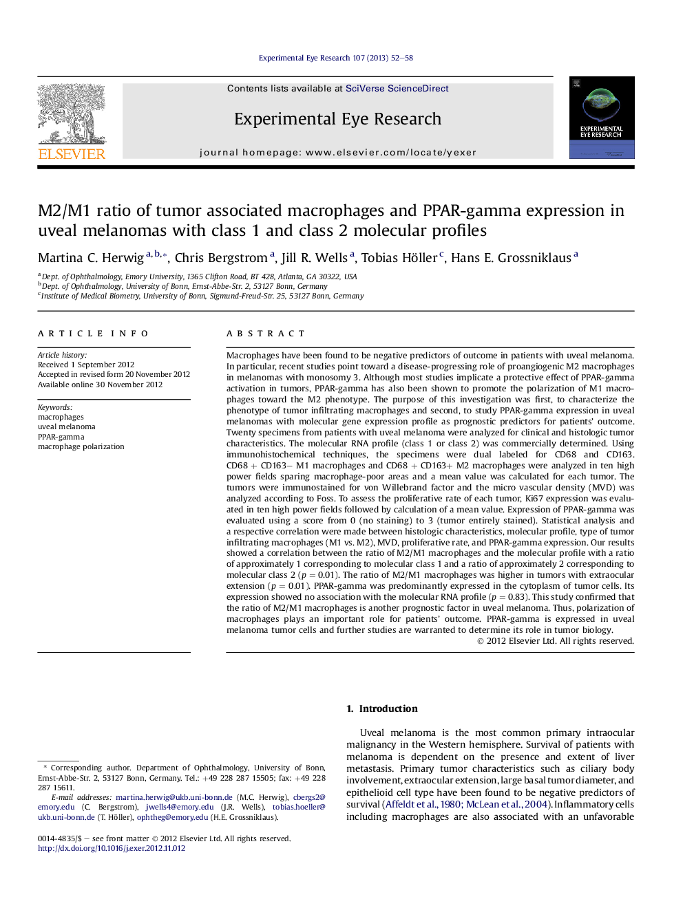 M2/M1 ratio of tumor associated macrophages and PPAR-gamma expression in uveal melanomas with class 1 and class 2 molecular profiles