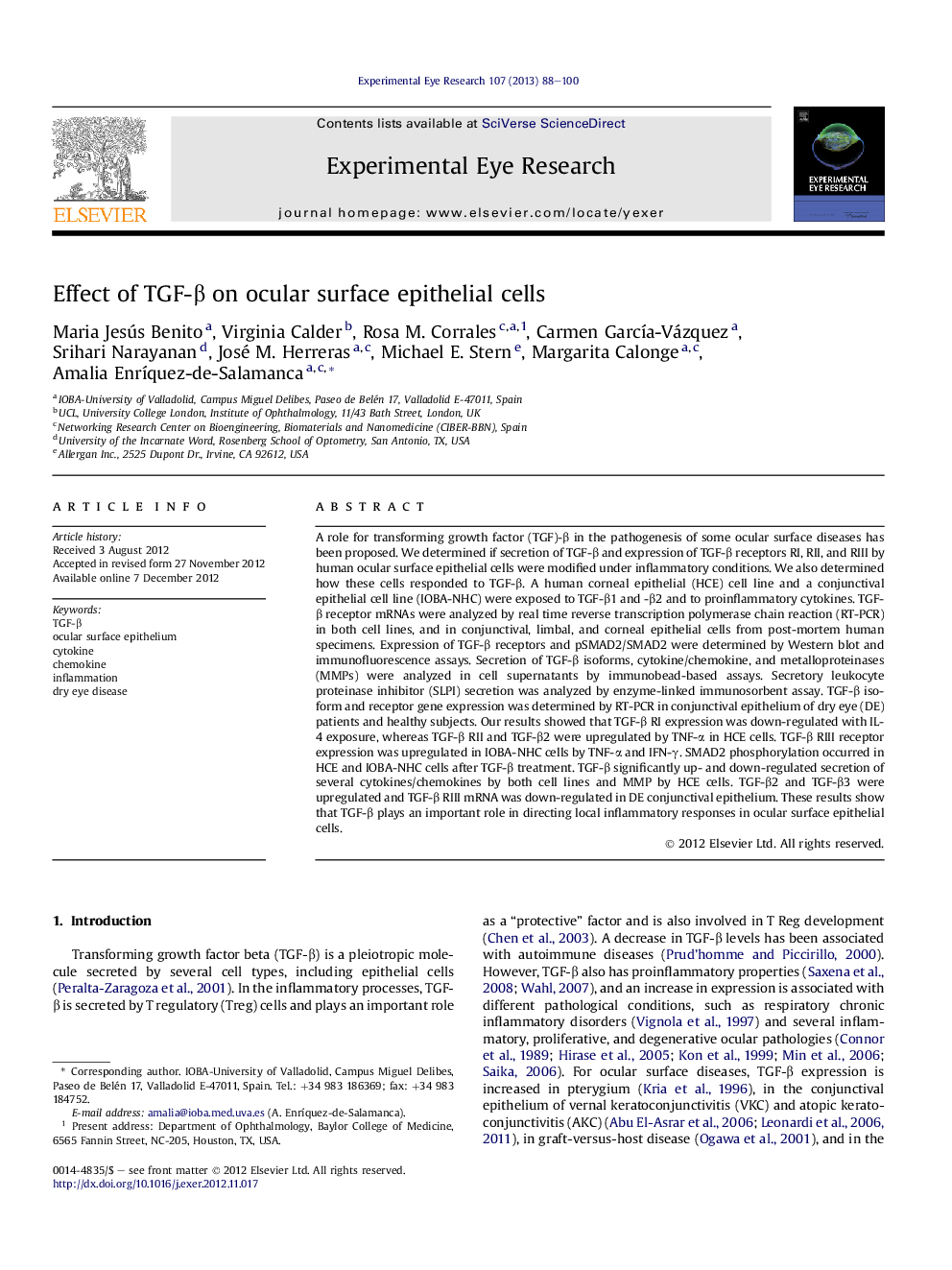 Effect of TGF-Î² on ocular surface epithelial cells