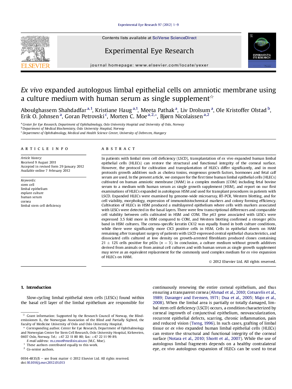 ExÂ vivo expanded autologous limbal epithelial cells on amniotic membrane using a culture medium with human serum as single supplement