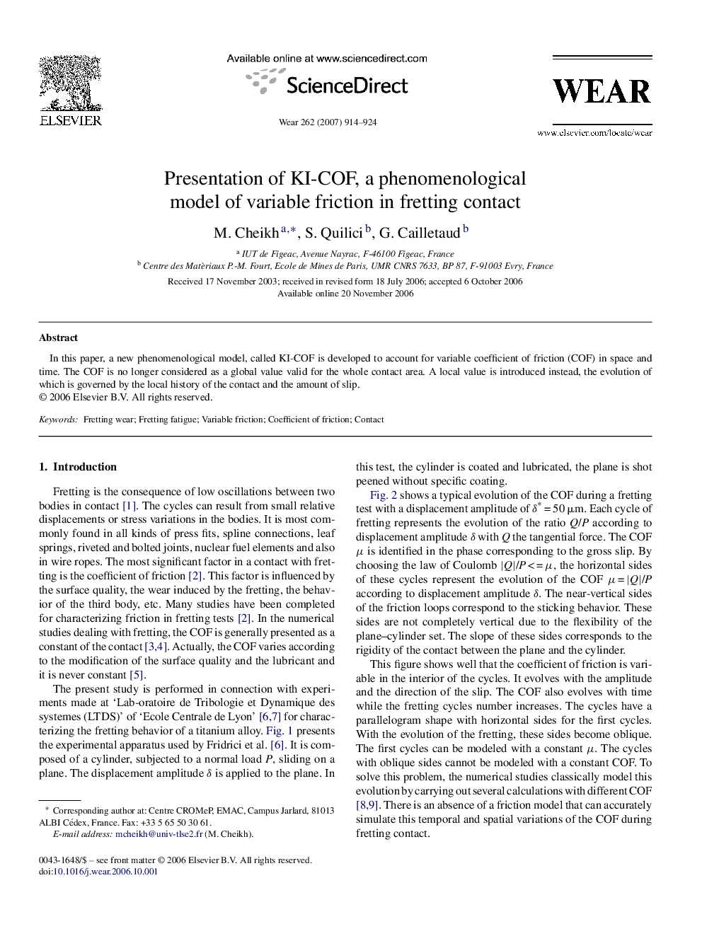 Presentation of KI-COF, a phenomenological model of variable friction in fretting contact